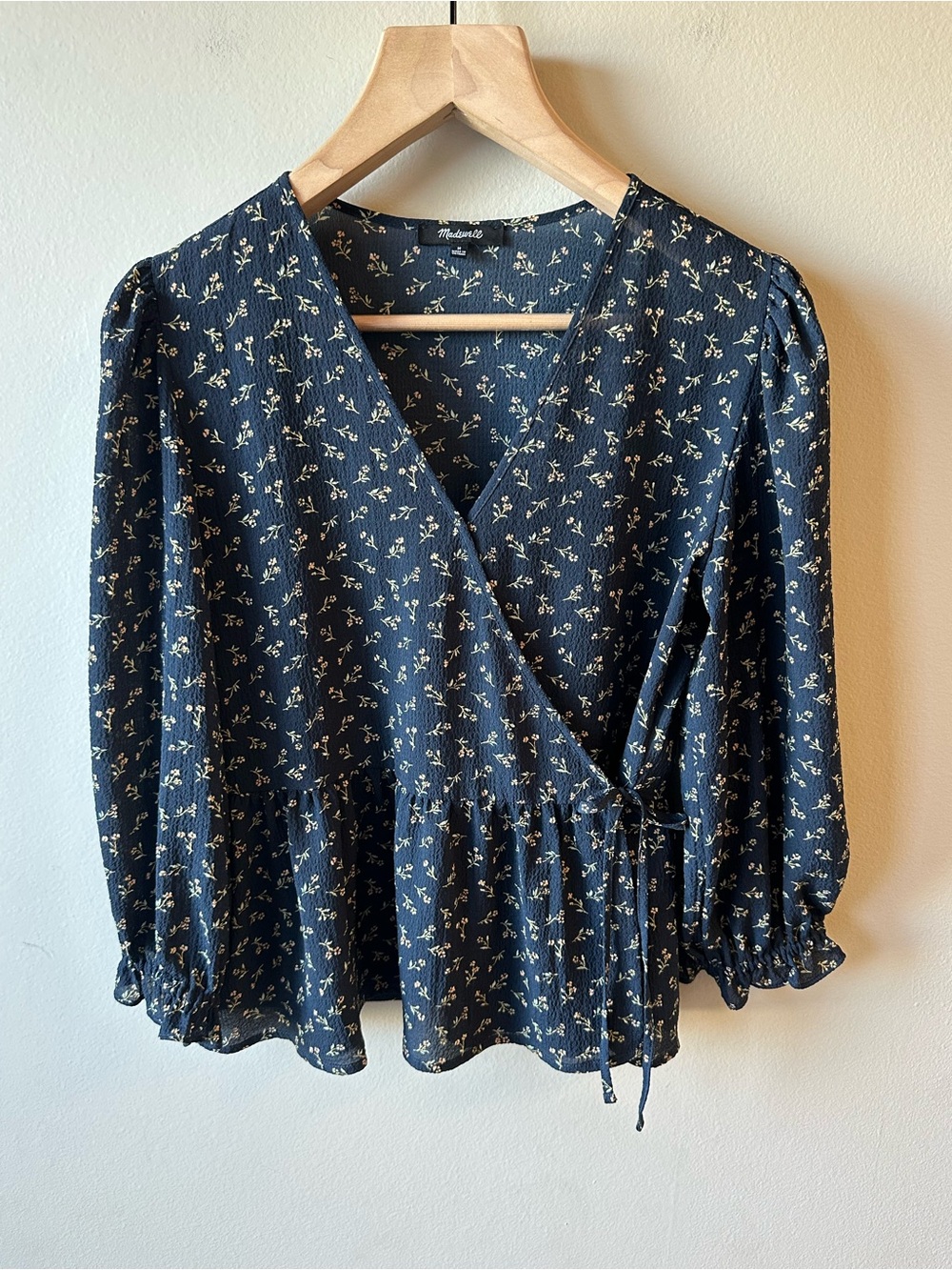Madewell Navy Floral Wrap Top with Cream Print